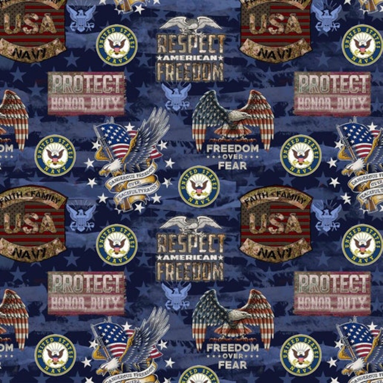 Sykel Enterprises Military Navy Camo Flag Allover Cotton Fabric by the Yard